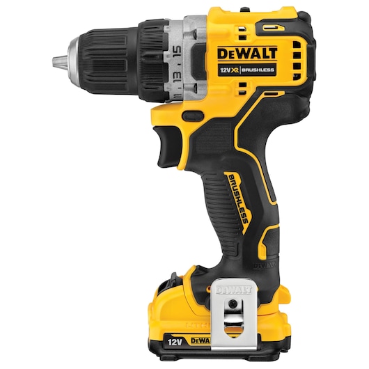 DeWalt 12V cordless drill with brushless motor, yellow and black design, side view.