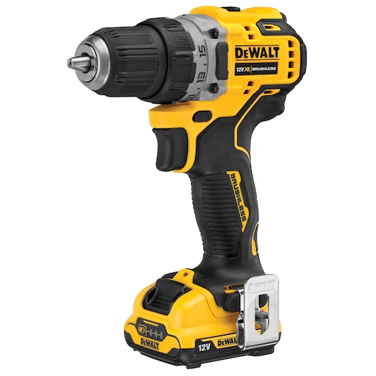 Cordless yellow and black DEWALT drill with 12V battery and brushless motor, suitable for precision tasks.