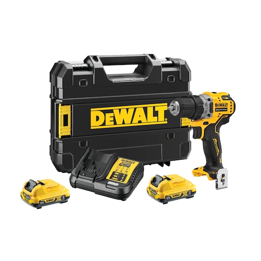 DEWALT cordless drill kit including a black and yellow drill, two rechargeable batteries, a battery charger, and a sturdy black carrying case with DEWALT logo.