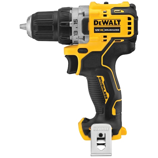 DEWALT 12V drill, photography category, SKUs DCD701N-XJ and DCD701N. Black and yellow cordless tool.