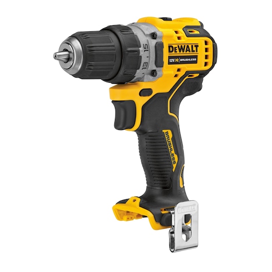 DEWALT cordless drill shown; model SKUs DCD701N-XJ, DCD701N. Yellow-black, compact design for Photography.