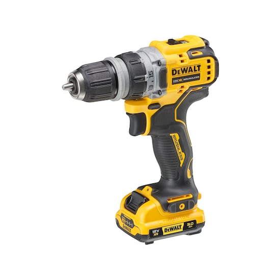 Cordless DEWALT drill with brushless motor, yellow and black, 12V battery, standing on white background.