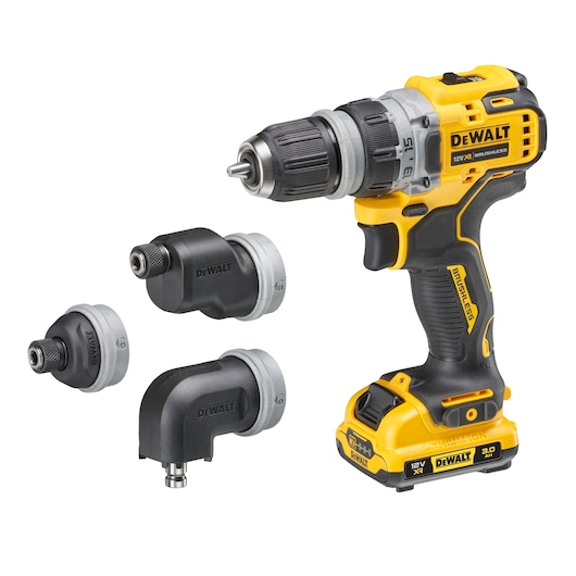 DEWALT cordless drill with three interchangeable attachments, model DCD703L2T, shown against a white background.