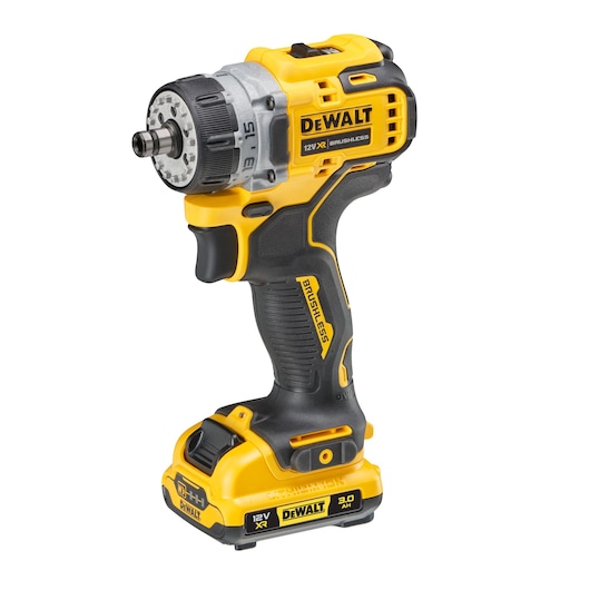 DEWALT 12V XR brushless cordless drill with ergonomic grip and battery, shown in yellow and black.