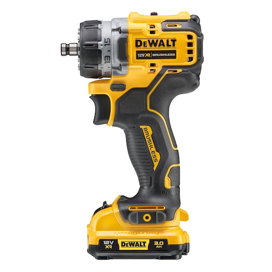A DEWALT 12V XR brushless cordless drill with a black and yellow design, shown from the side.
