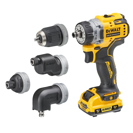 DEWALT DCD703L2T drill driver with four interchangeable heads, yellow and black cordless tool.