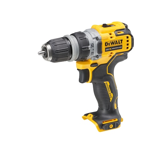 DEWALT cordless drill driver, yellow and black, ergonomic grip, brushless design, battery not included.