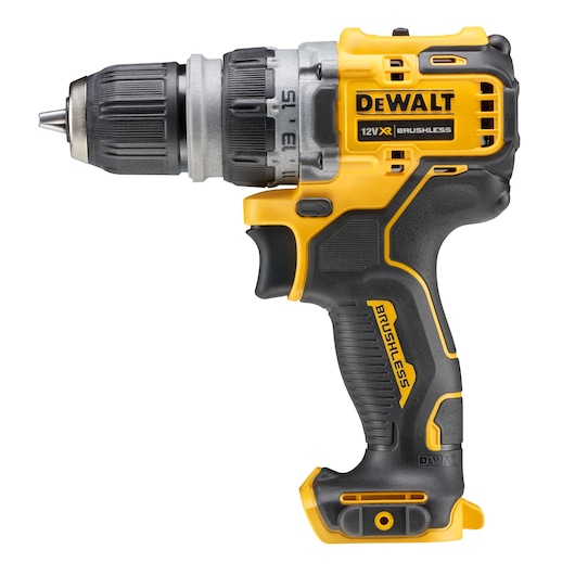 DEWALT 12V XR brushless cordless drill, shown in black and yellow, with ergonomic grip and adjustable chuck.