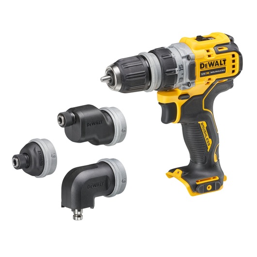 DEWALT cordless drill with three interchangeable attachments displayed next to it on a white background.