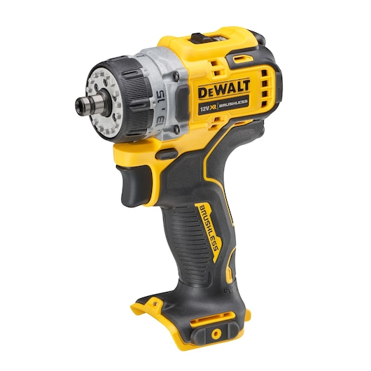 Compact yellow and black DEWALT cordless drill with brushless motor, shown without battery.