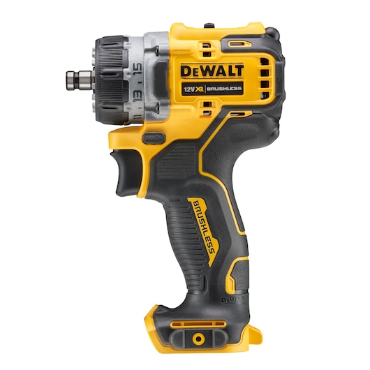 DEWALT 12V XR brushless cordless drill with black and yellow design, side view.
