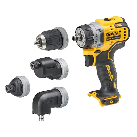 DEWALT cordless drill with four interchangeable heads for various drilling and screwdriver tasks.