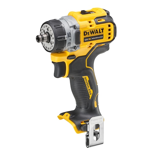 DEWALT 12V XR brushless cordless drill with compact yellow and black design, metal clip at bottom.