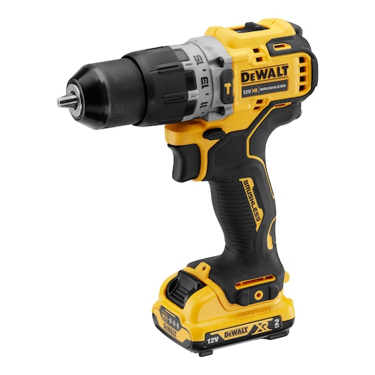 DEWALT yellow and black cordless drill, 12V XR brushless, with ergonomic grip and adjustable torque settings.