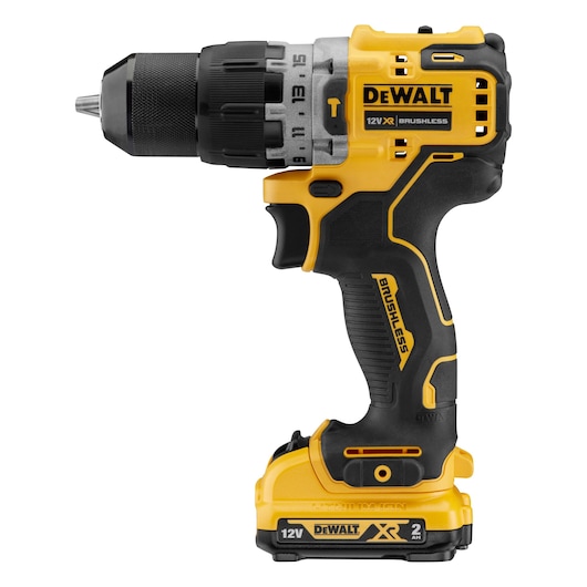 DEWALT 12V XR brushless cordless drill with black and yellow design, side view, battery attached.