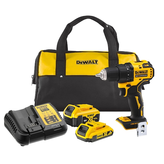 DEWALT cordless drill set with carry bag, two 18V batteries, and a charger, shown on a white background.
