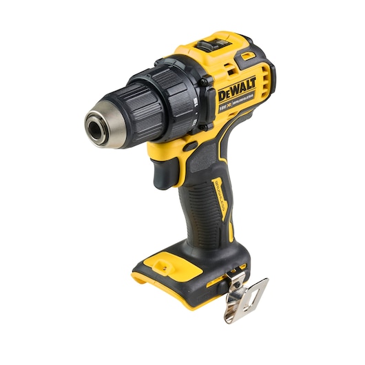 DEWALT DCD708 cordless drill, yellow and black, with metal belt clip, photographed on a white background.