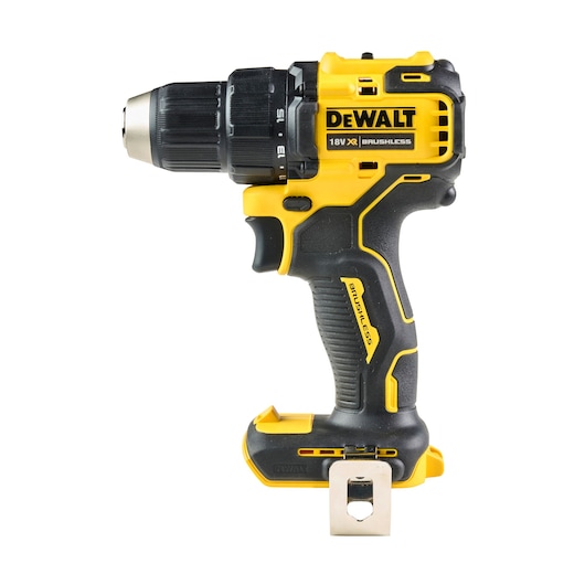 DEWALT DCD708 cordless yellow and black drill with grip handle, metallic chuck, and clip attachment.