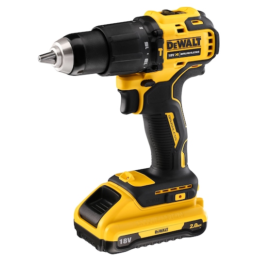 Yellow DEWALT 18V cordless drill with brushless motor and lithium-ion battery, shown standing upright.