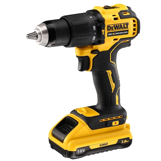 DEWALT 18V cordless brushless drill with battery, yellow and black design, side view.