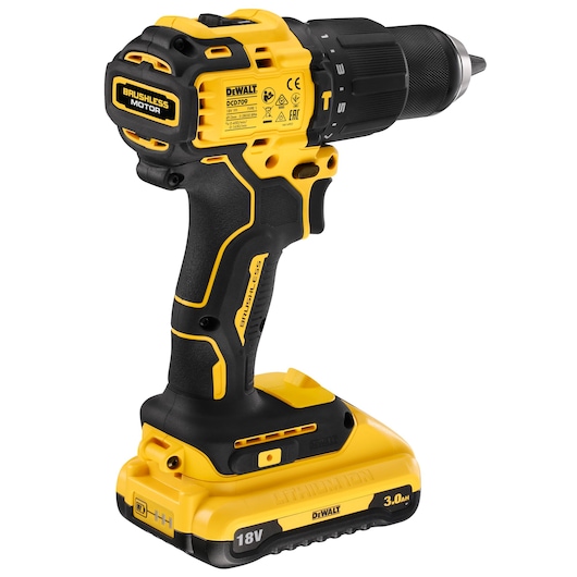 DEWALT DCD709L2T 18V cordless drill with brushless motor and lithium-ion battery, yellow and black.