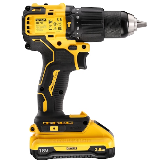 DEWALT cordless drill DCD709 with 18V battery, brushless motor, yellow and black design.
