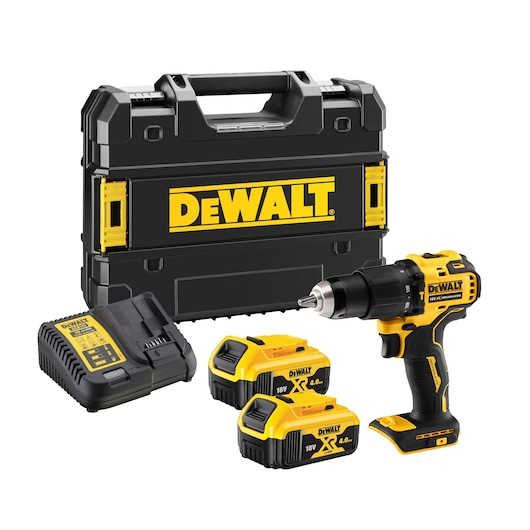 DEWALT cordless drill set including a black and yellow drill, two 18V 4.0Ah batteries, a battery charger, and a hard carrying case with a large DEWALT logo.