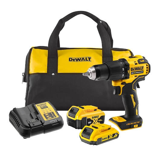 DEWALT power drill kit with charger, two batteries, and a yellow-black carrying bag.