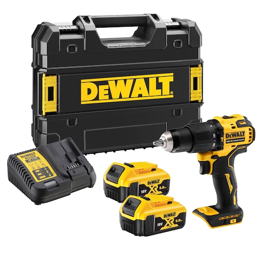 DEWALT drill kit includes drill, charger, two 18V batteries, and a black carrying case with yellow branding.