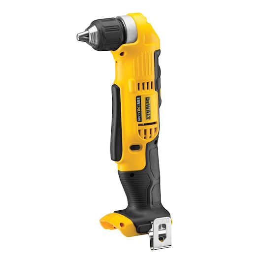 DEWALT cordless right angle drill, yellow and black, shown upright with metal belt clip.