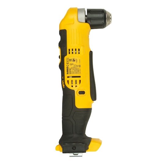 Yellow and black DEWALT cordless right angle drill tool shown upright on white background.