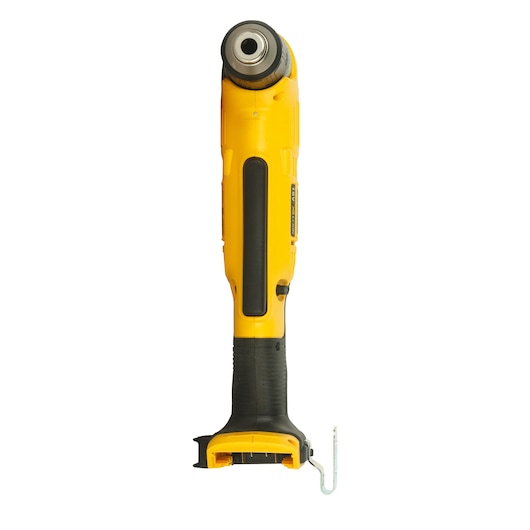 Yellow cordless right angle drill photographed upright against white background.