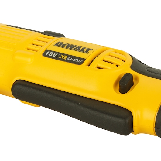 Close-up of a DEWALT 18V XR Li-Ion tool body in yellow with black accents.