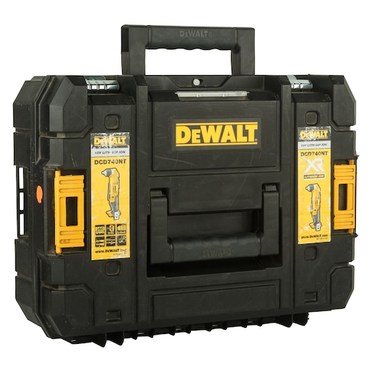 Black Dewalt toolbox with handle and yellow details, labeled DCD740NT, intended for tool storage and transport.
