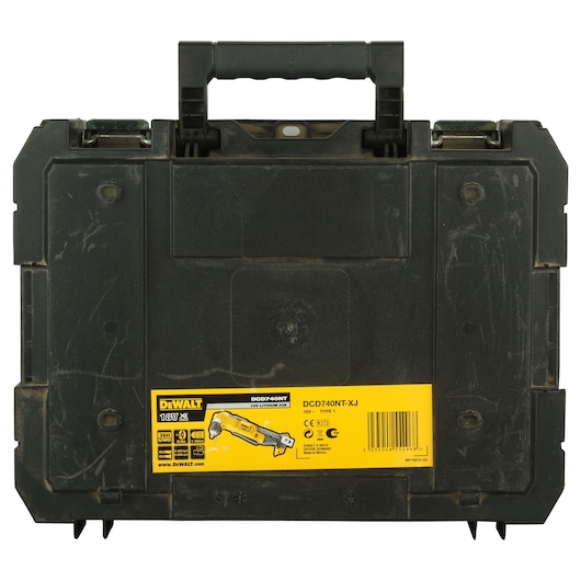 Black DEWALT tool case with yellow label showing model DCD740NT-XJ. Product category: Photography.