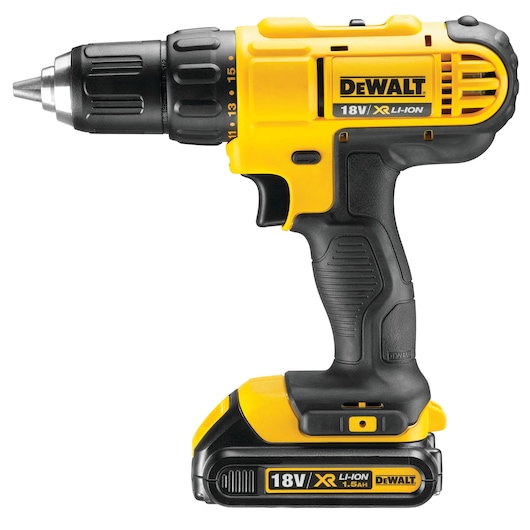 A DEWALT cordless power drill with an 18V XR Li-Ion battery, shown in a side view. The drill has a yellow and black design with ergonomic grip and features DEWALT branding.