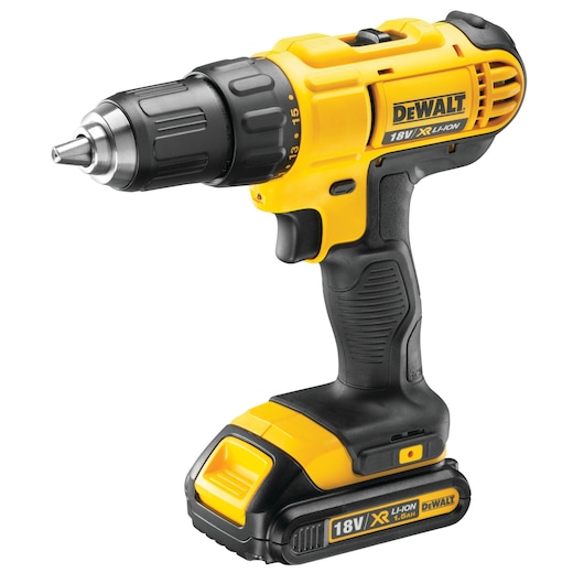 A yellow and black cordless DEWALT 18V XR Li-Ion drill with a pistol grip, battery pack at the base, and adjustable torque settings.