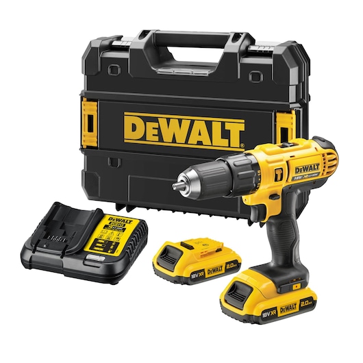 DEWALT cordless drill kit with two batteries, charger and carrying case, all in black and yellow colors.
