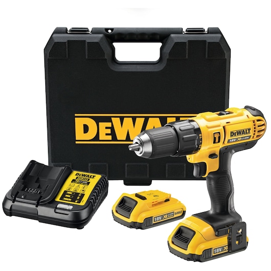 DEWALT cordless drill kit with hard case, charger, and two 18V batteries shown.