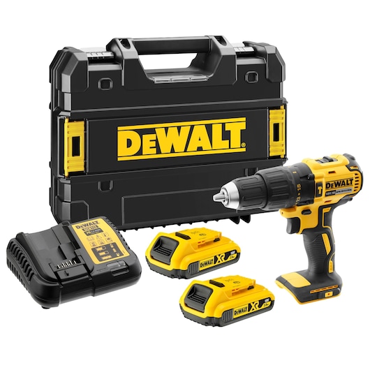 DEWALT cordless drill kit with two batteries, charger, and carry case displayed together.