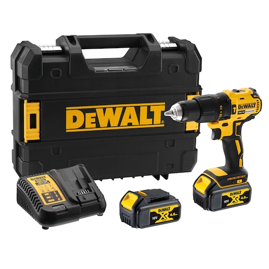 DEWALT cordless drill set including a black and yellow drill, two 18V 4.0Ah XR Li-Ion batteries, a battery charger, and a sturdy black carrying case with the DEWALT logo.