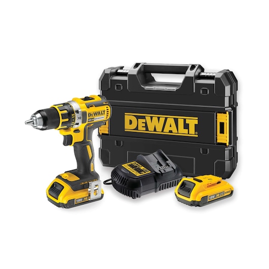 A DEWALT cordless drill kit consisting of a yellow and black drill, two rechargeable 18V batteries, a battery charger, and a durable black carrying case with DEWALT logo.