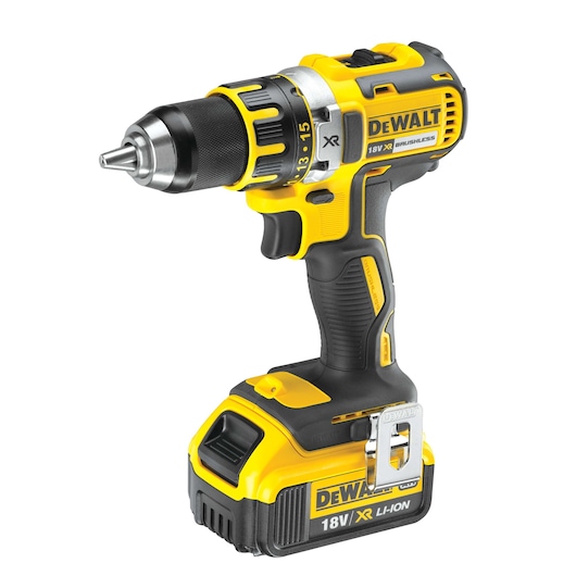 Cordless DEWALT 18V XR brushless drill with Li-Ion battery, yellow and black design, side clip visible.