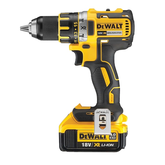 DEWALT DCD790M2 18V cordless drill, brushless motor, black and yellow, with lithium-ion battery.