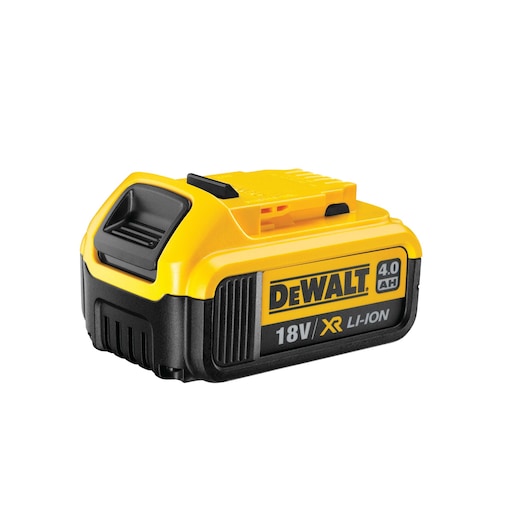 DEWALT XR 18V 4.0Ah Li-Ion battery in yellow and black, suitable for cordless power tools.