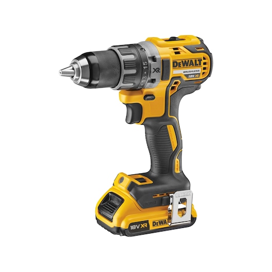 DEWALT 18V XR cordless drill with brushless motor, shown in yellow and black, standing upright on a white background.