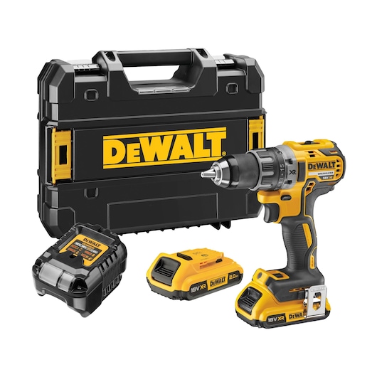 A DEWALT cordless drill set including a yellow and black power drill, two rechargeable batteries, a battery charger, and a sturdy black carrying case with the DEWALT logo.