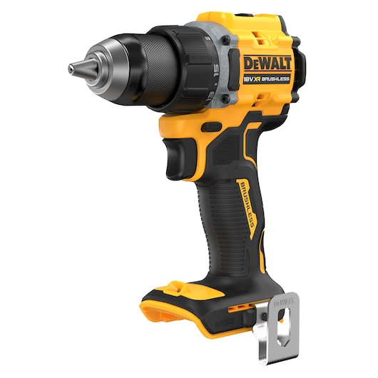 DEWALT cordless drill DCD794NT, DCD794NT-XJ in yellow-black. Photography category product, side angle view.