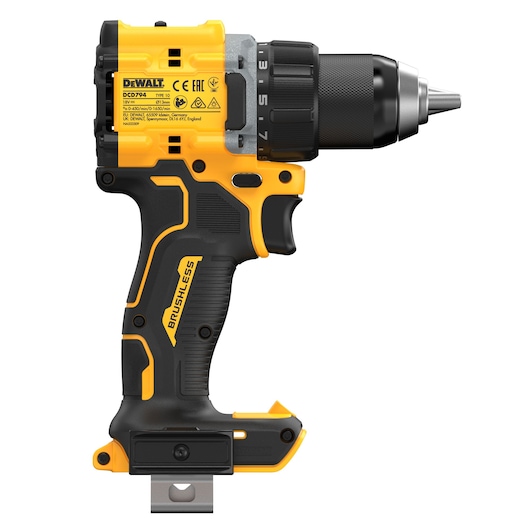 DEWALT drill, model DCD794NT and DCD794NT-XJ. Compact, brushless cordless tool for photography tasks.