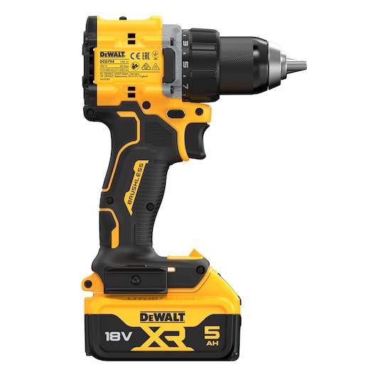 DEWALT 18V drill, DCD794P2T, DCD794P2T-QW SKUs, yellow/black, XR, 5AH battery, brushless, Photography category.